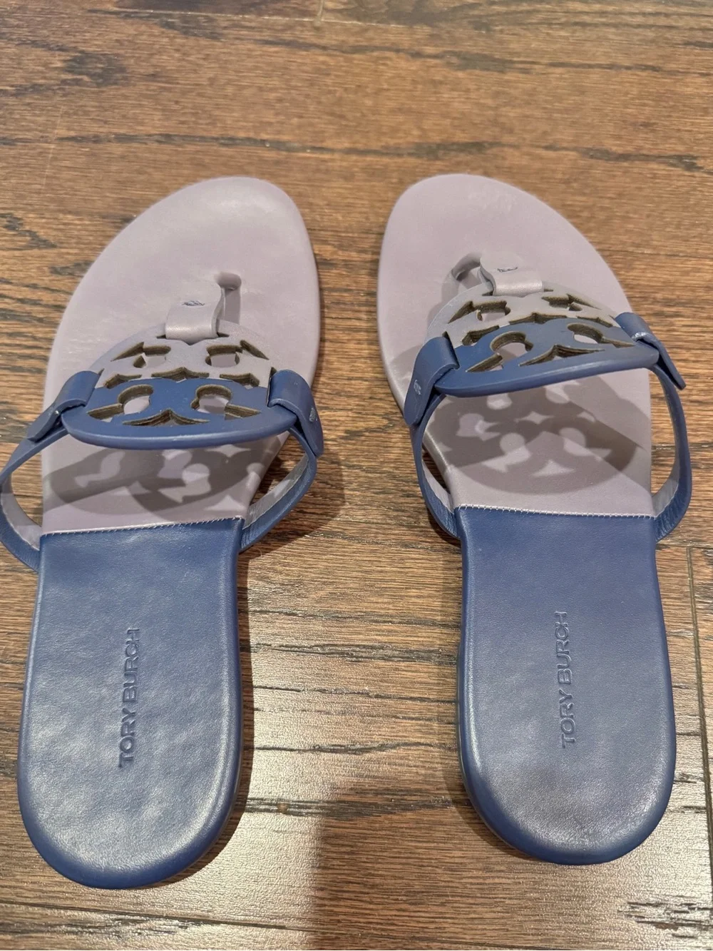 Tory Burch Blue and Gray Miller Logo Thong Sandals NEVER WORN